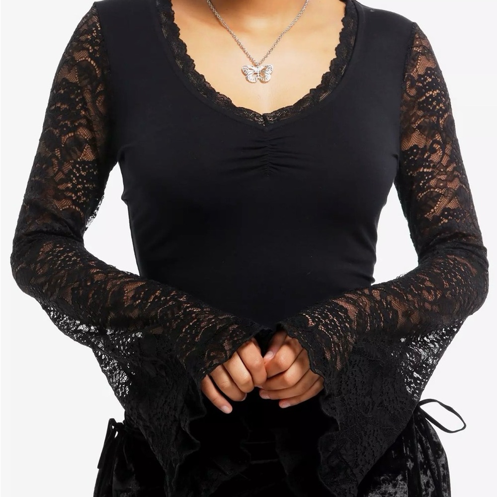 Cosmic Aura Black Butterfly Lace Girls Bell Sleeve Top